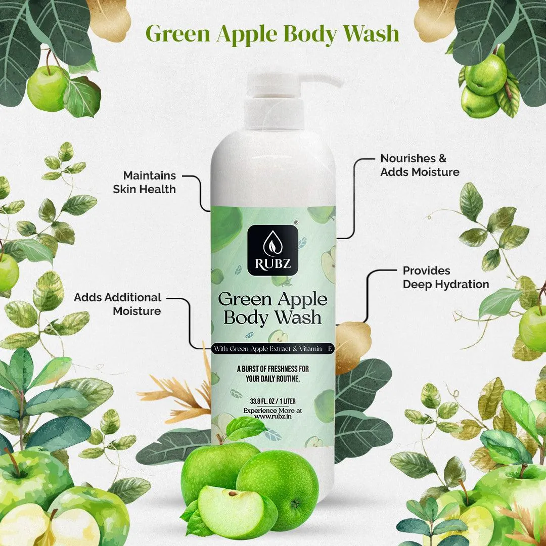 Rubz Green Apple Body Wash | Enriched With Glycerin & Long Lasting Fragrance | Soap-Free Body Wash For Women And Men | Paraben Free | SLS Free | 1 Litre