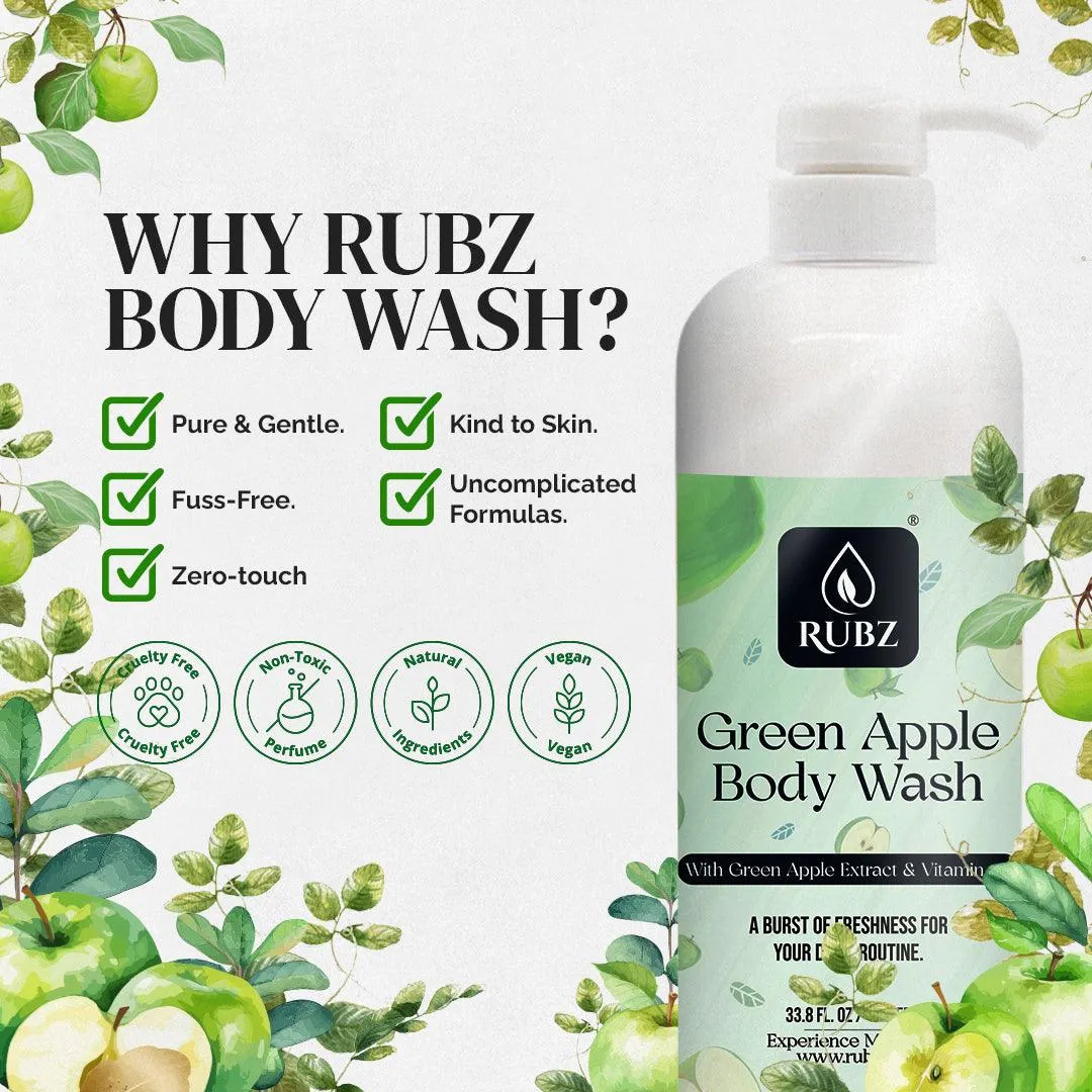 Rubz Green Apple Body Wash | Enriched With Glycerin & Long Lasting Fragrance | Soap-Free Body Wash For Women And Men | Paraben Free | SLS Free | 1 Litre