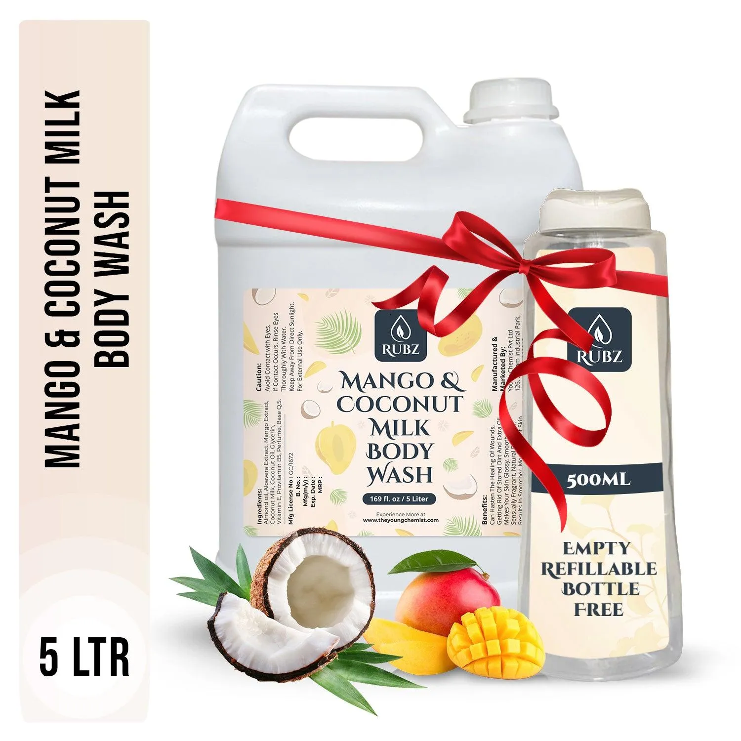 Rubz Mango & Coconut Milk Body Wash Refill Pack 5L | Liquid Soap | Shower Gel | with Refillable 500 ml Plastic Bottle | Best for Hotel, Spa, Salon, Joint Family | SLS Free | Paraben Free