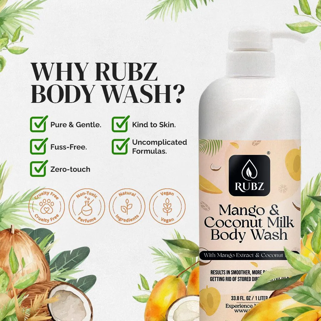 Rubz Mango & Coconut Milk Body Wash Refill Pack 5L | Liquid Soap | Shower Gel | with Refillable 500 ml Plastic Bottle | Best for Hotel, Spa, Salon, Joint Family | SLS Free | Paraben Free