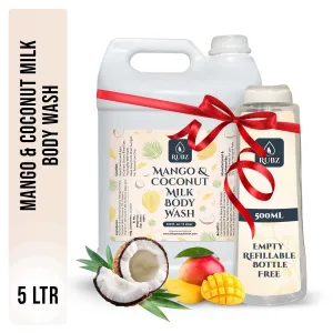 Rubz Mango & Coconut Milk Body Wash Refill Pack 5L | Liquid Soap | Shower Gel | with Refillable 500 ml Plastic Bottle | Best for Hotel, Spa, Salon, Joint Family | SLS Free | Paraben Free