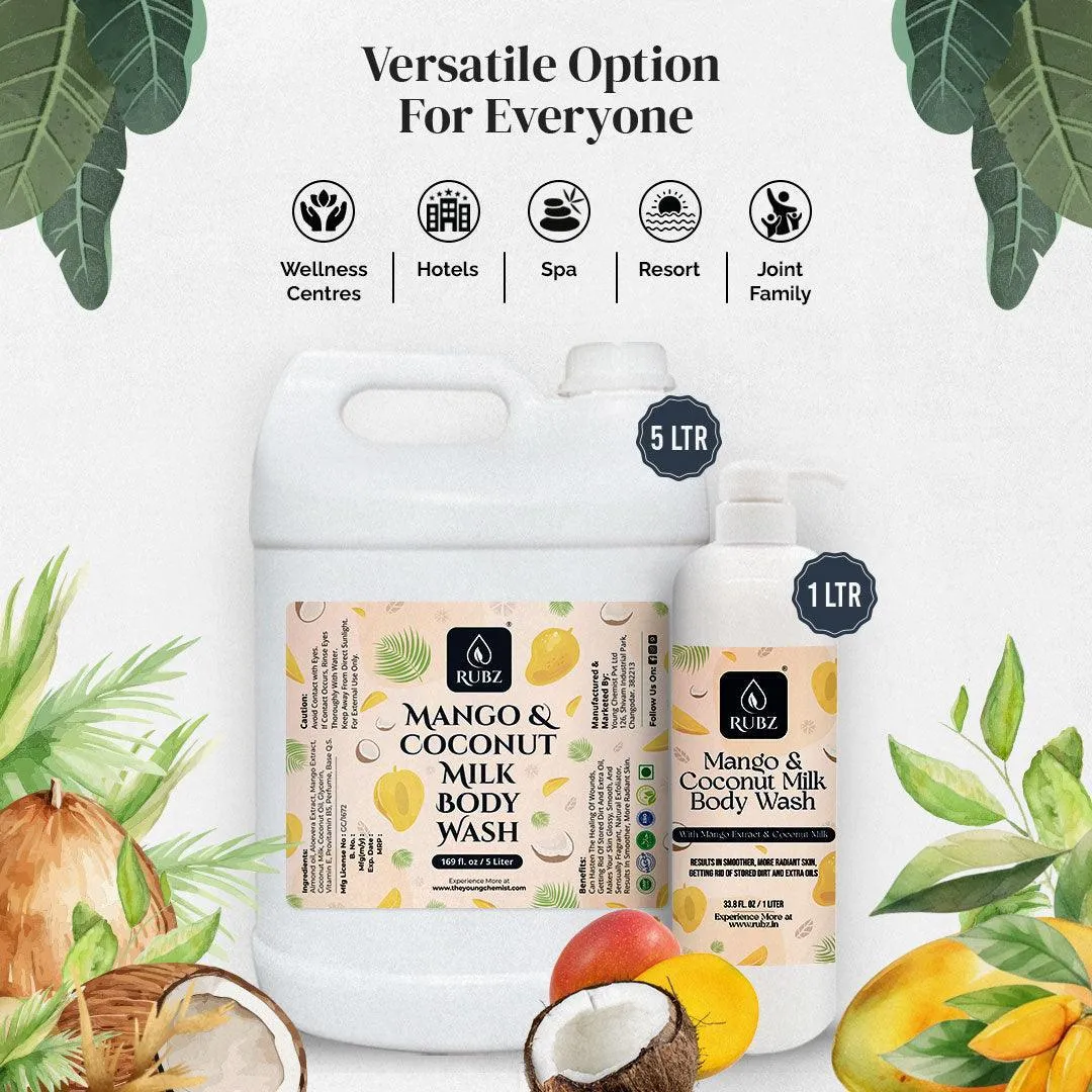 Rubz Mango & Coconut Milk Body Wash Refill Pack 5L | Liquid Soap | Shower Gel | with Refillable 500 ml Plastic Bottle | Best for Hotel, Spa, Salon, Joint Family | SLS Free | Paraben Free