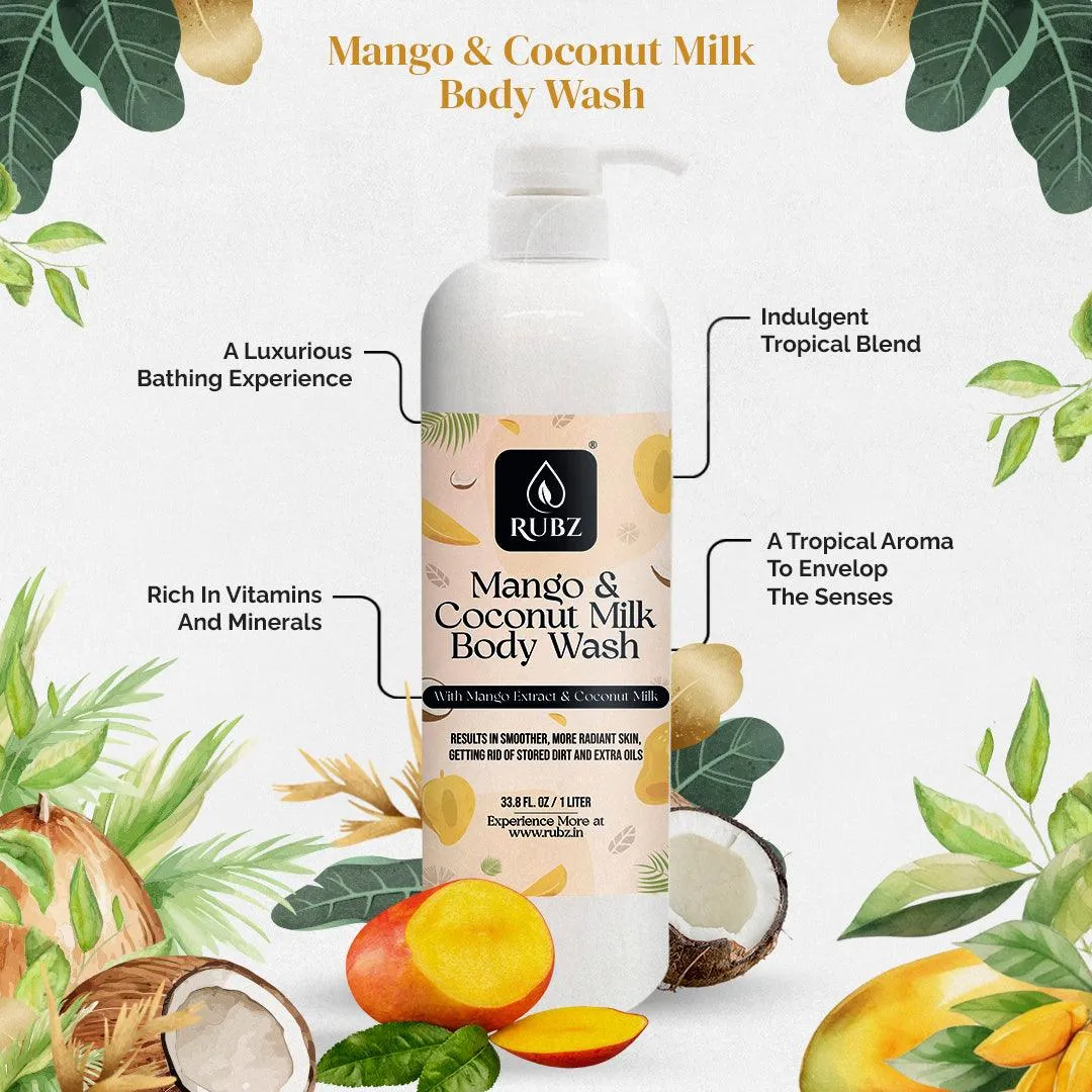 Rubz Mango & Coconut Milk Body Wash Refill Pack 5L | Liquid Soap | Shower Gel | with Refillable 500 ml Plastic Bottle | Best for Hotel, Spa, Salon, Joint Family | SLS Free | Paraben Free