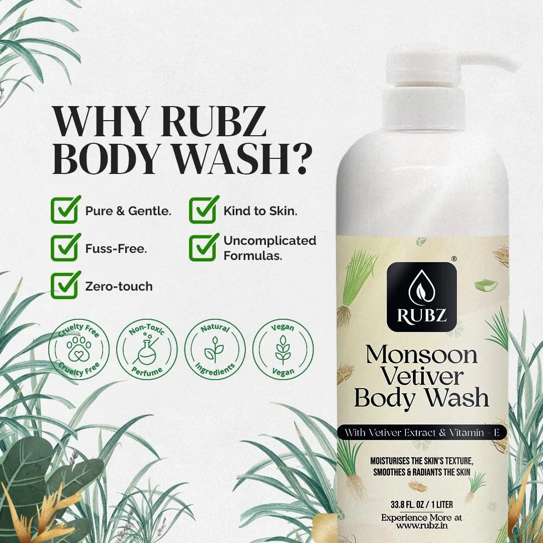 Rubz Monsoon Vetiver Body wash | Enriched With Glycerin & Long Lasting Fragrance | Soap-Free Body Wash For Women And Men | Paraben Free | SLS Free | 1 Litre