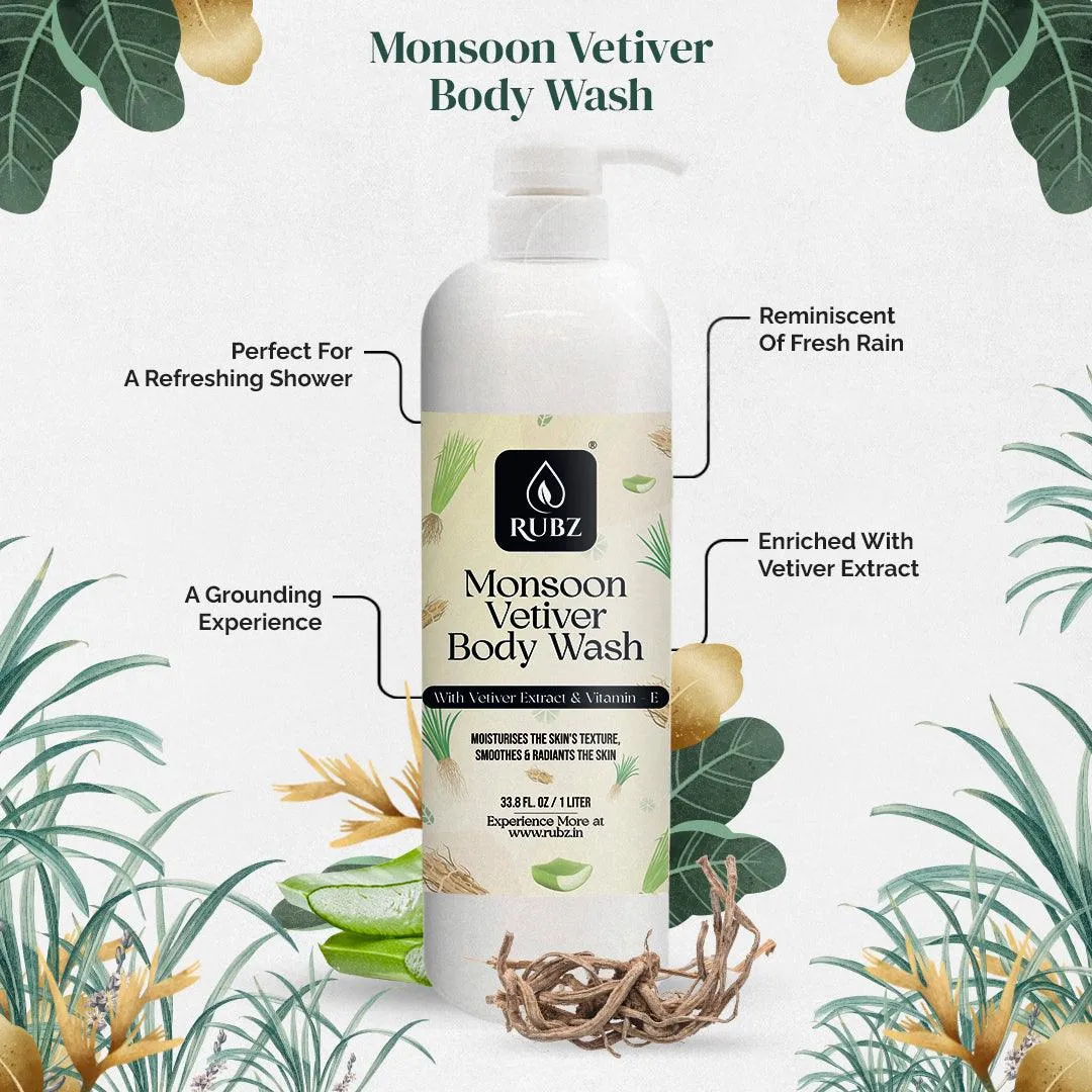 Rubz Monsoon Vetiver Body wash | Enriched With Glycerin & Long Lasting Fragrance | Soap-Free Body Wash For Women And Men | Paraben Free | SLS Free | 1 Litre