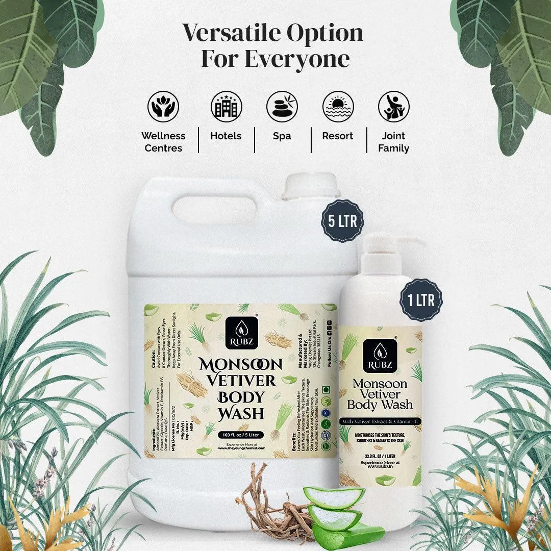 Rubz Monsoon Vetiver Body wash | Enriched With Glycerin & Long Lasting Fragrance | Soap-Free Body Wash For Women And Men | Paraben Free | SLS Free | 1 Litre