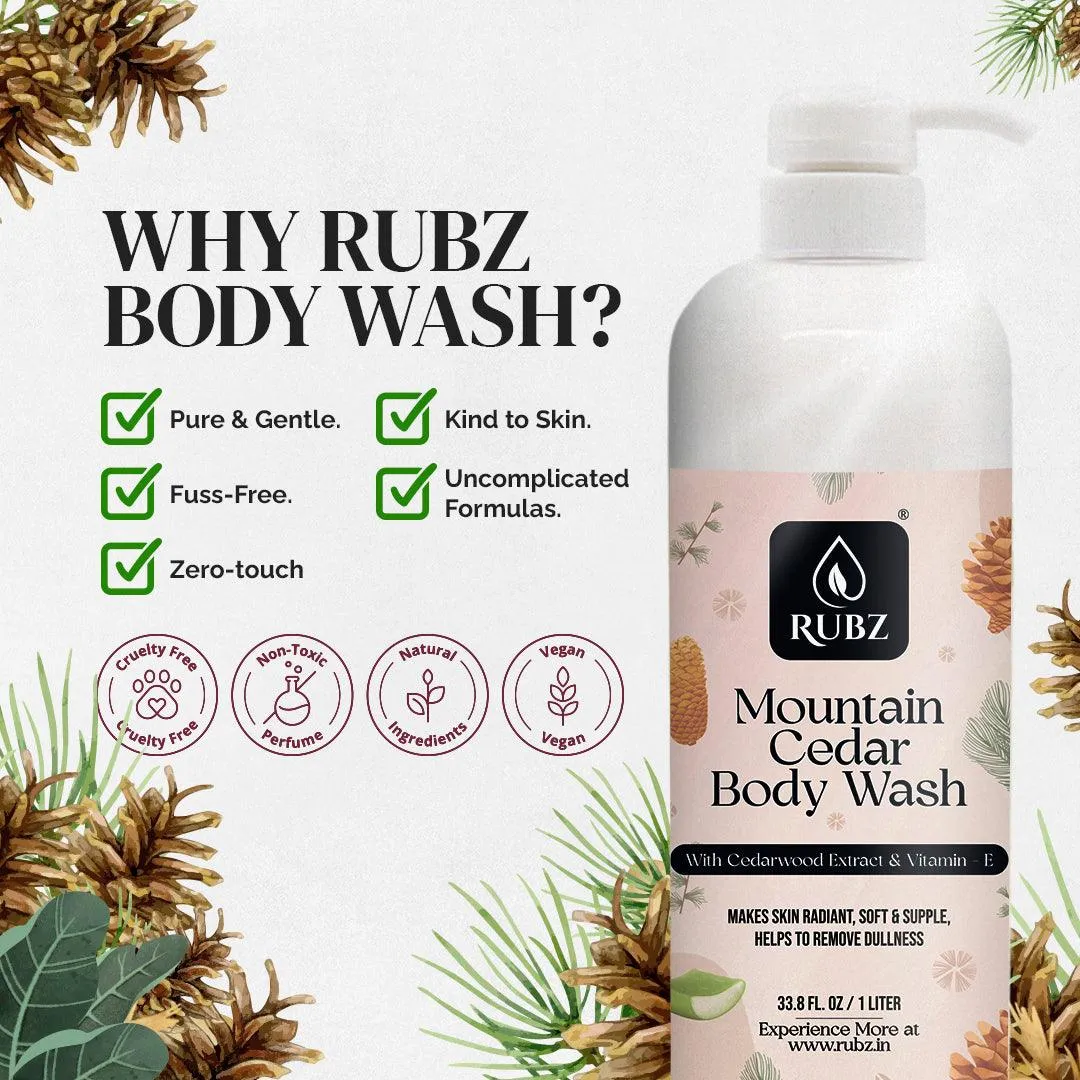 Rubz Mountain Cedar Body wash | Enriched With Glycerin & Long Lasting Fragrance | Soap-Free Body Wash For Women And Men | Paraben Free | SLS Free | 1 Litre
