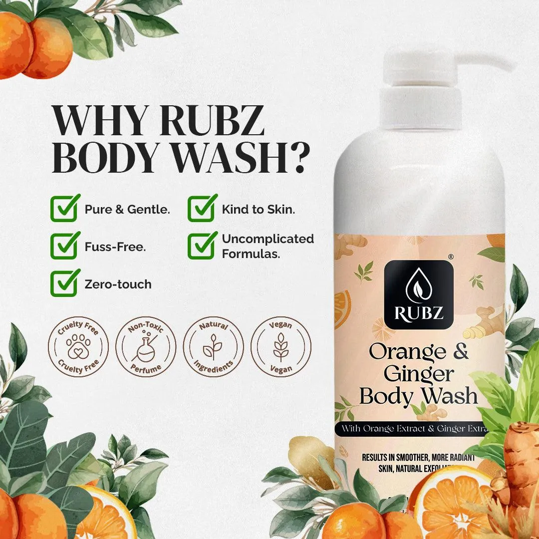 Rubz Orange & Ginger Body wash | Enriched With Glycerin & Long Lasting Fragrance | Soap-Free Body Wash For Women And Men | Paraben Free | SLS Free | 1 Litre