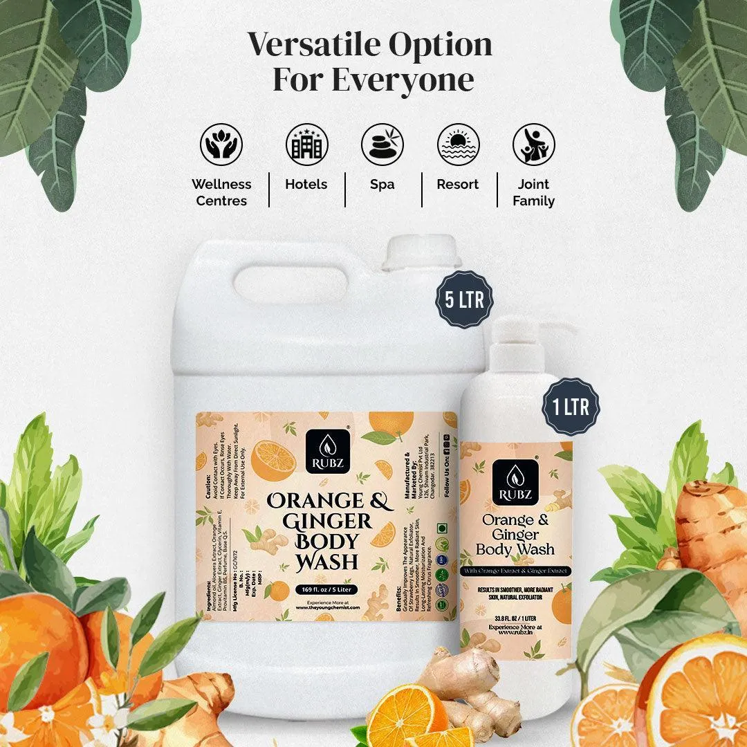 Rubz Orange & Ginger Body Wash Refill Pack 5L | Liquid Soap | Shower Gel | with Refillable 500 ml Plastic Bottle | Best for Hotel, Spa, Salon, Joint Family | SLS Free | Paraben Free