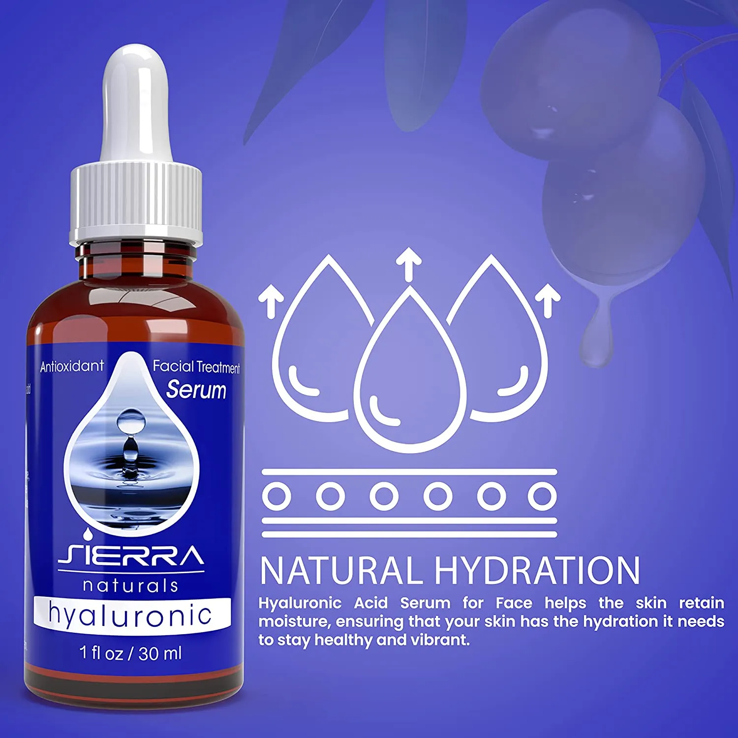 Sierra Naturals Hyaluronic Acid Serum for Face For Dry Skin Anti-aging Collagen Boosting, 1 oz