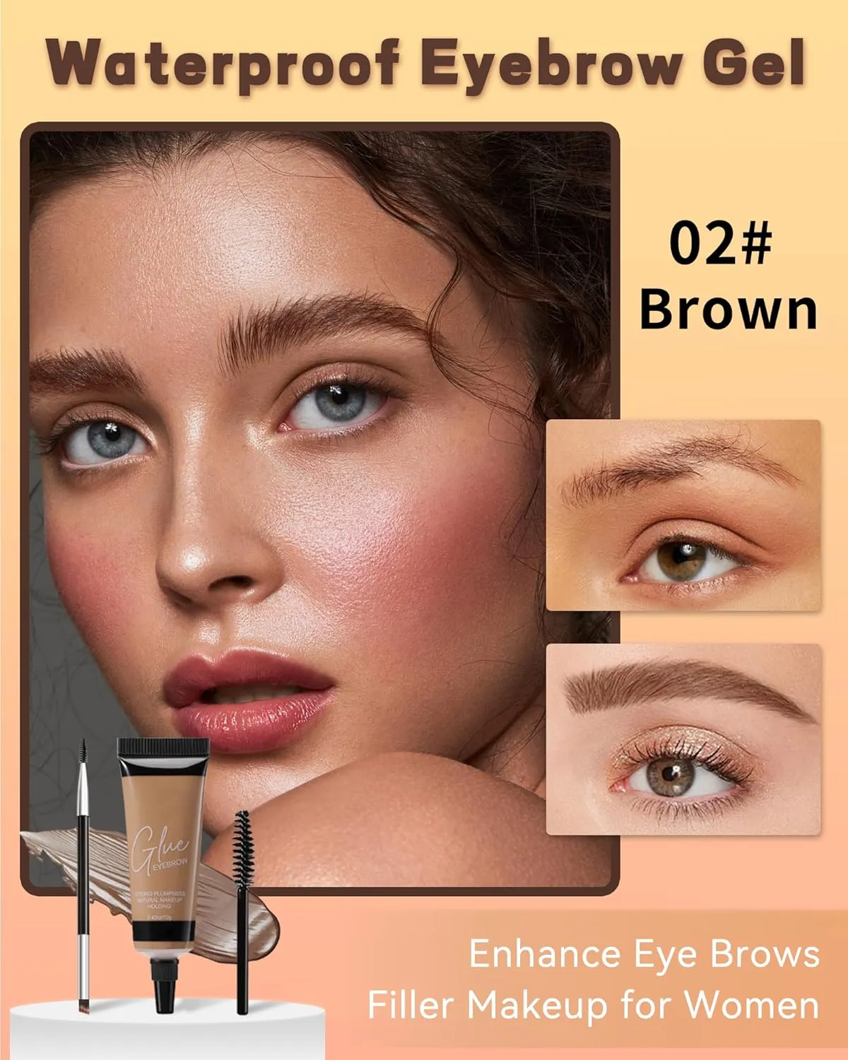 Waterproof Eyebrow Gel Brown, Sweat-Proof Longwear Strong Hold Tinted Brow Gel, Vegan, Cruelty-Free, Brow Glue Mascara for Eyebrows with Eyebrow Brush, Sculpting Eye Brows Filler Makeup for Women-02